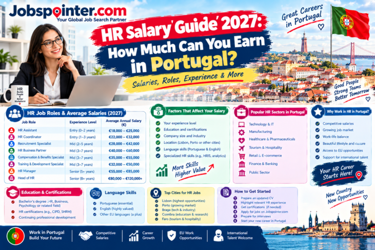 HR salary guide 2027 in Portugal showing HR job roles, estimated annual salaries, experience levels, and career opportunities.