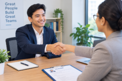Job candidate shaking hands with an interviewer at the start of a job interview in Canada