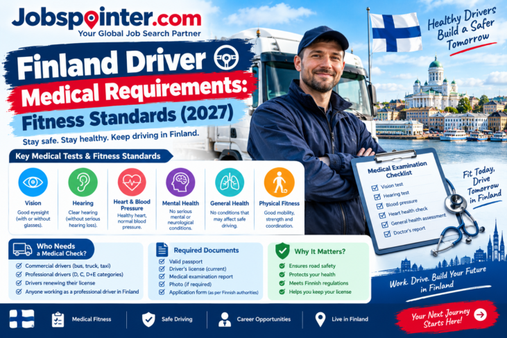 Professional truck driver in Finland with a medical examination checklist illustrating driver fitness standards and health assessments.