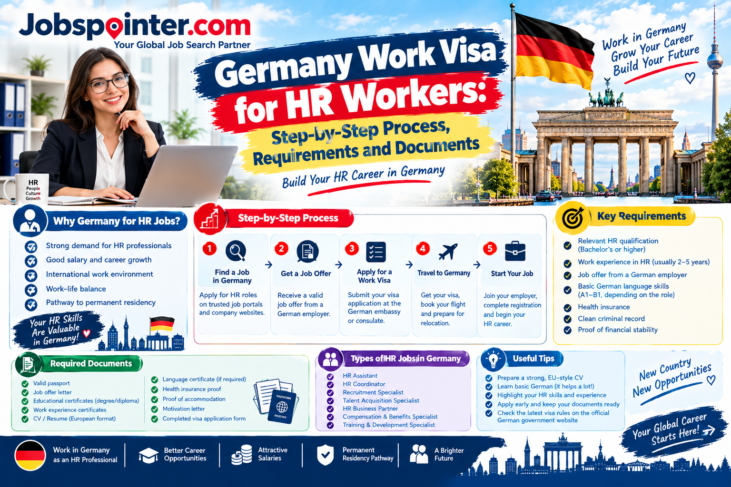 HR professional with a laptop beside German landmarks, illustrating the work visa application process, eligibility requirements, and documents for HR jobs in Germany.