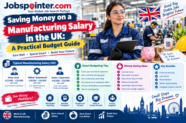 Manufacturing worker in a UK factory reviewing a budget with savings, coins, and practical money-management tips