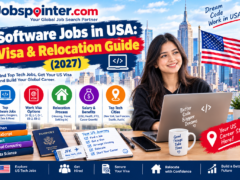 Software professional working on a laptop against a New York City skyline, illustrating US technology jobs, work visa options, and relocation planning.