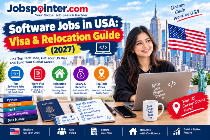 Software professional working on a laptop against a New York City skyline, illustrating US technology jobs, work visa options, and relocation planning.