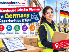 Woman warehouse worker wearing a high-visibility safety vest and holding a package in a German logistics warehouse.