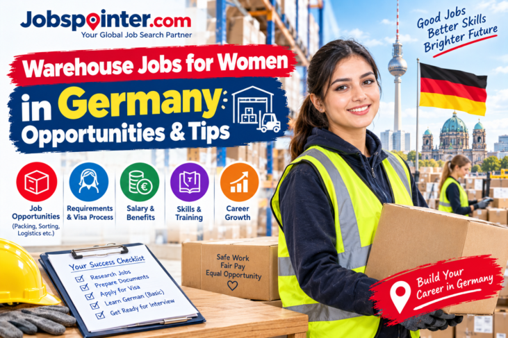 Woman warehouse worker wearing a high-visibility safety vest and holding a package in a German logistics warehouse.