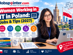 Woman IT professional working on a laptop in Warsaw, Poland, representing technology jobs, skills training, and career opportunities.
