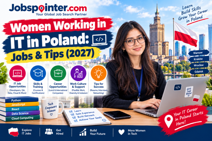 Woman IT professional working on a laptop in Warsaw, Poland, representing technology jobs, skills training, and career opportunities.