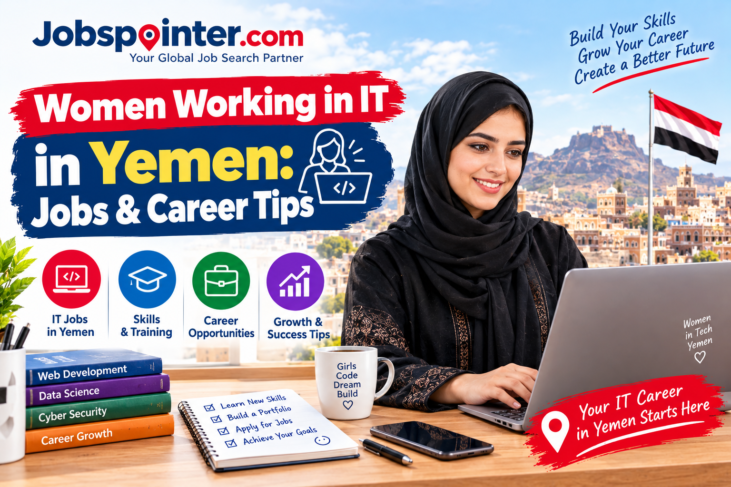 Woman IT professional working on a laptop in Yemen, representing technology careers, skills development, and job opportunities.