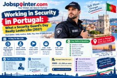 Security guard in uniform overlooking Lisbon, Portugal, illustrating daily duties, patrols, access control, skills, and security career requirements.