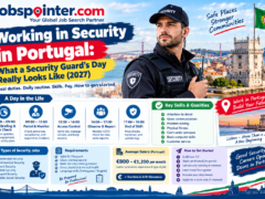 Security guard in uniform overlooking Lisbon, Portugal, illustrating daily duties, patrols, access control, skills, and security career requirements.