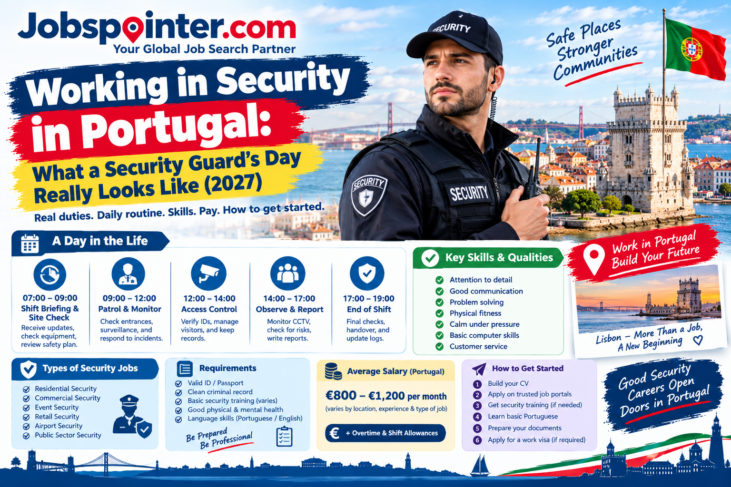Security guard in uniform overlooking Lisbon, Portugal, illustrating daily duties, patrols, access control, skills, and security career requirements.